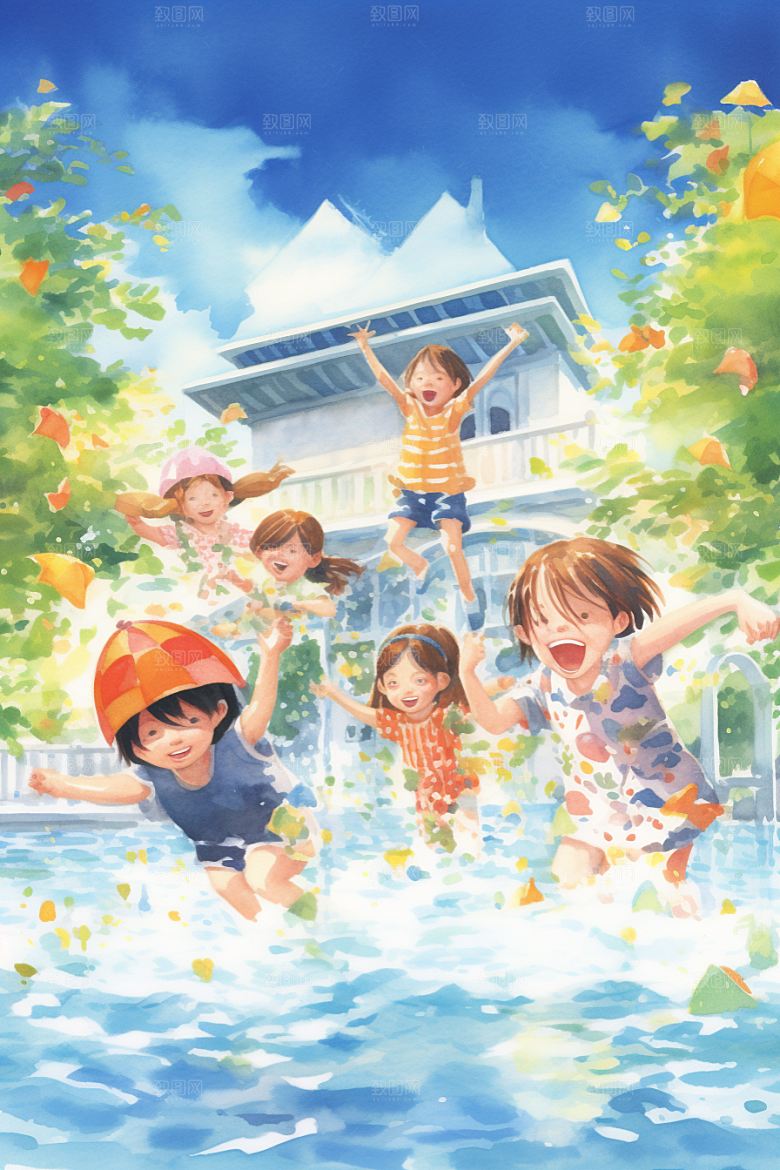 学生放暑假手绘结伴插画
