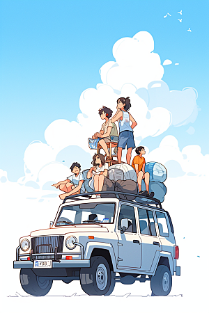 学生放暑假毕业旅游夏季插画
