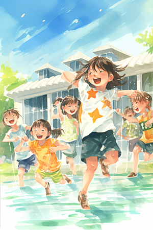 学生放暑假出游快乐插画
