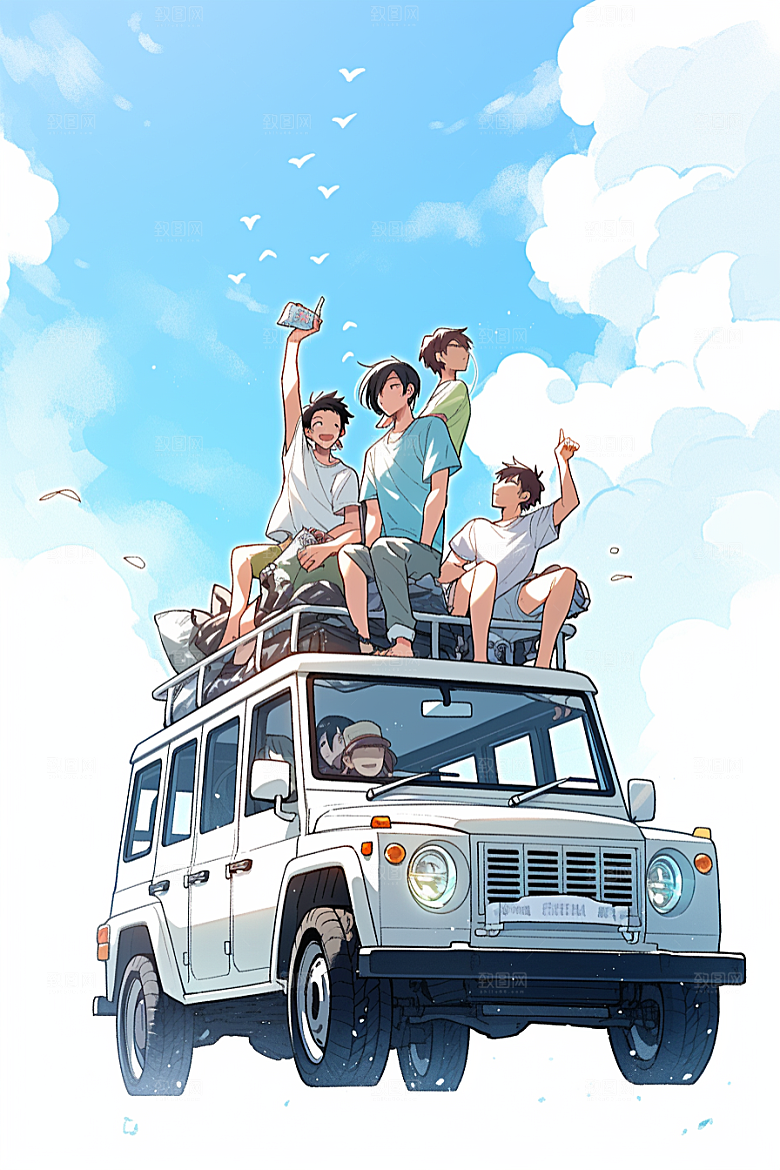 学生放暑假结伴夏天插画