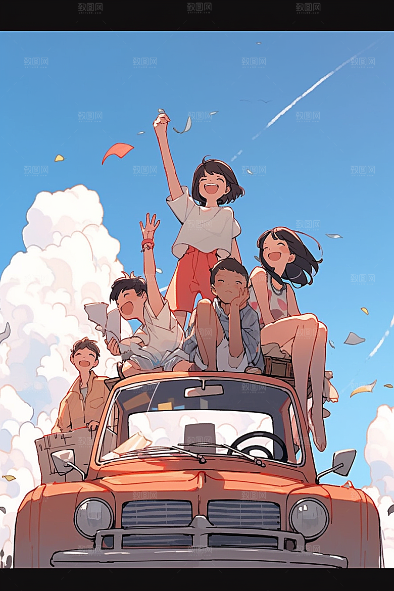 学生放暑假快乐结伴插画