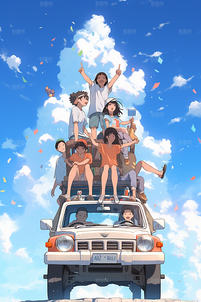 学生放暑假放假了毕业旅游插画