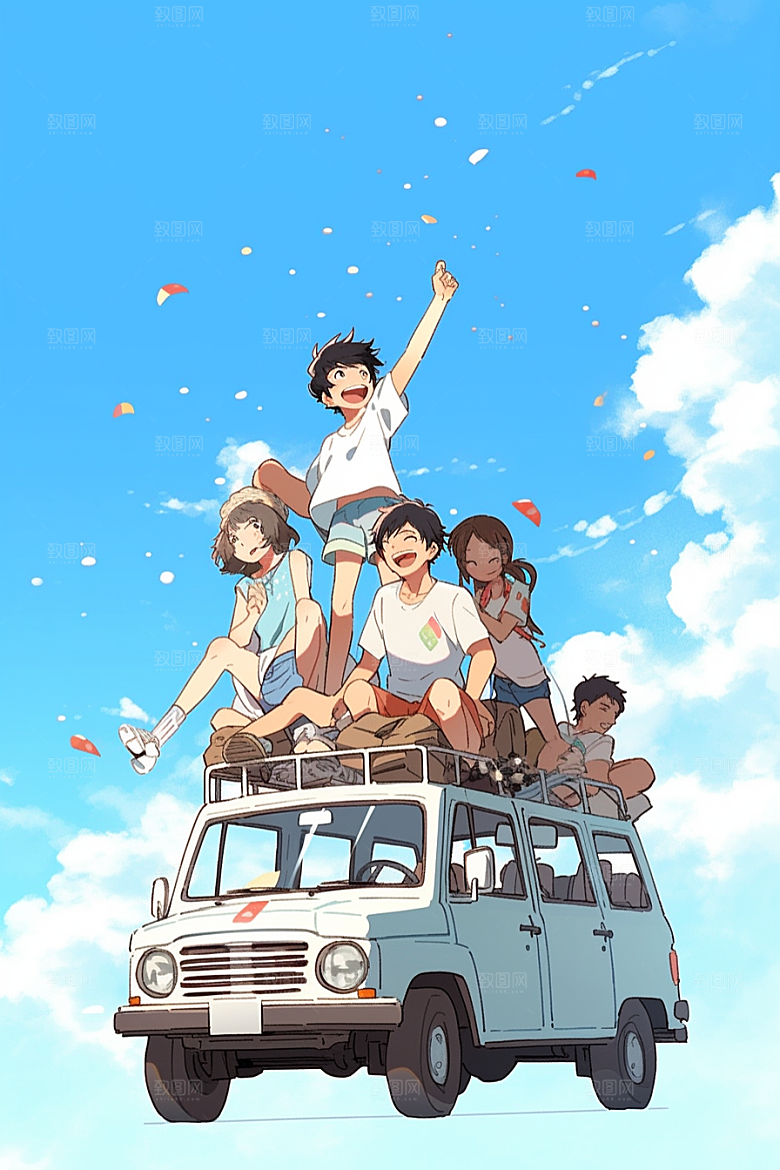 学生放暑假毕业旅游出游插画