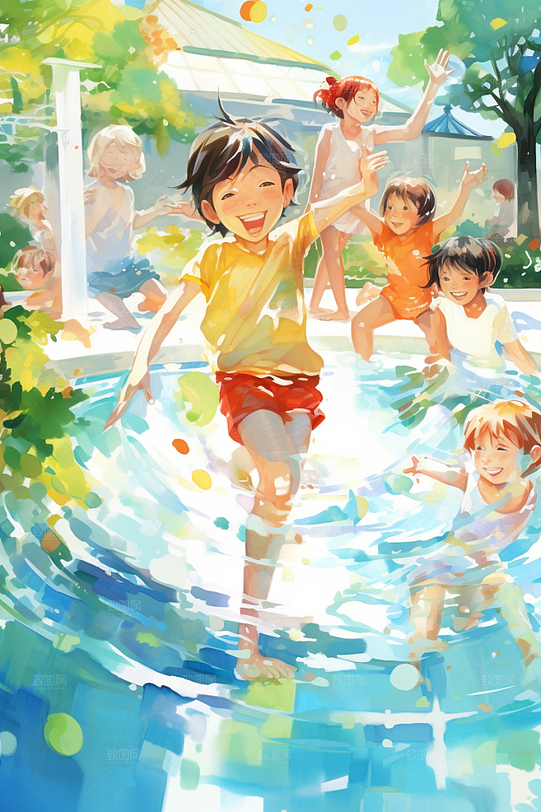 学生放暑假结伴手绘插画