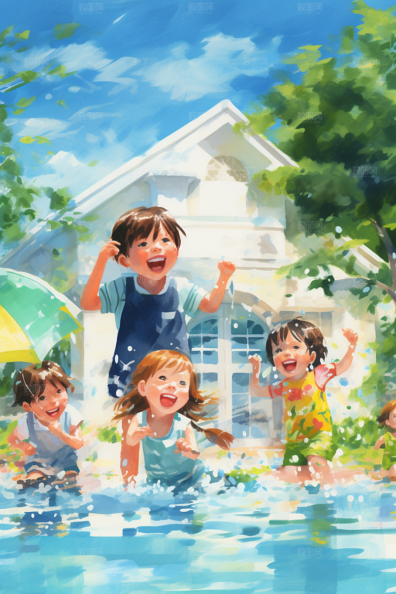 学生放暑假结业夏天插画