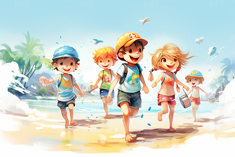 学生放暑假夏天旅游插画