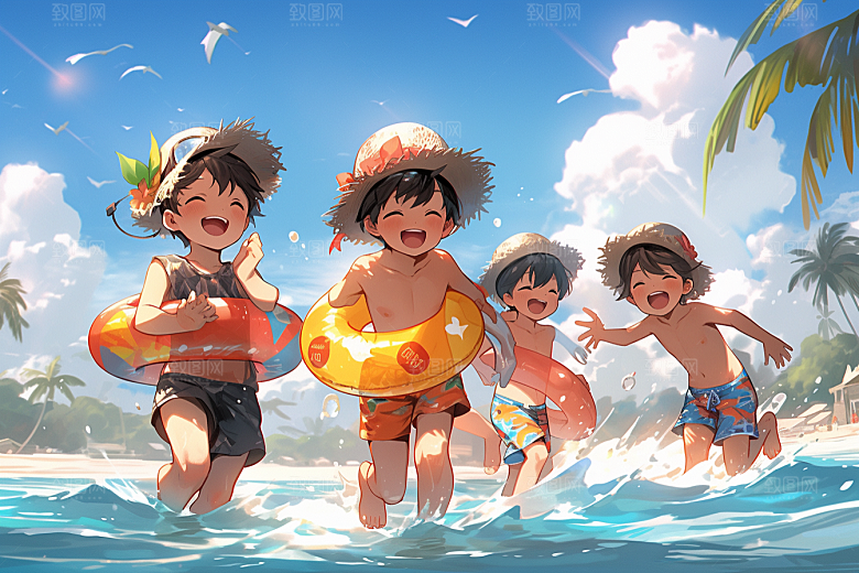 学生放暑假旅游手绘插画