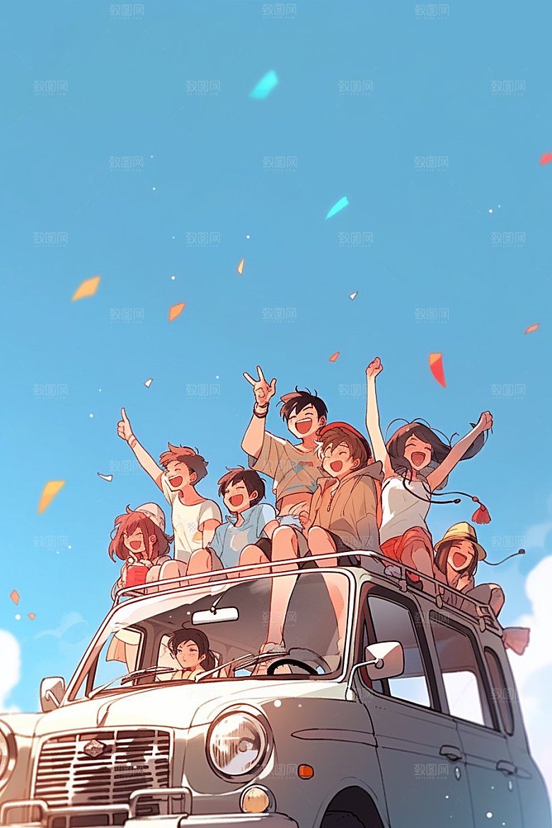 学生放暑假旅游手绘插画