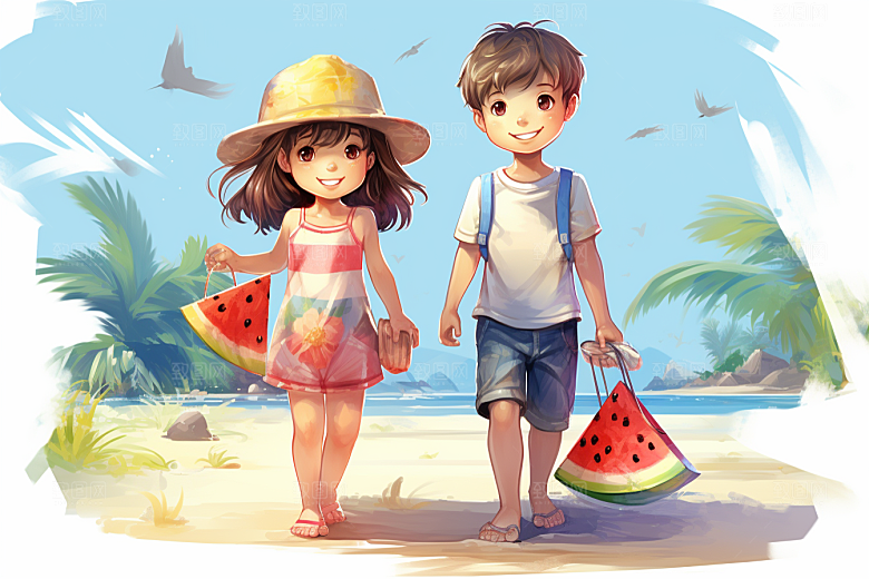 学生放暑假手绘毕业旅游插画