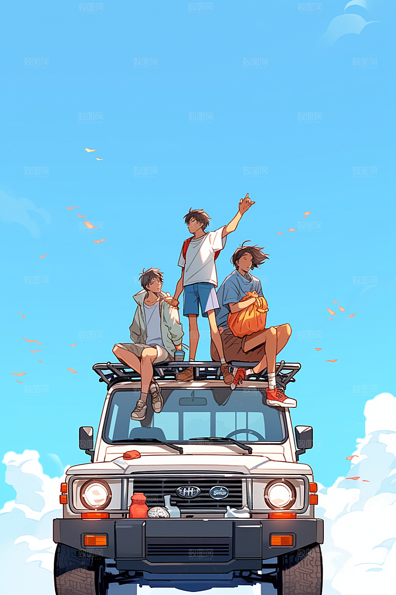 学生放暑假结业结伴插画