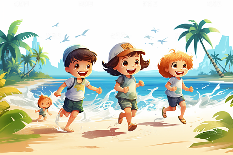 学生放暑假结伴夏天插画
