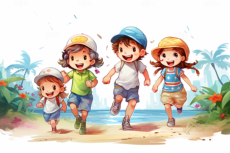 学生放暑假夏季结伴插画