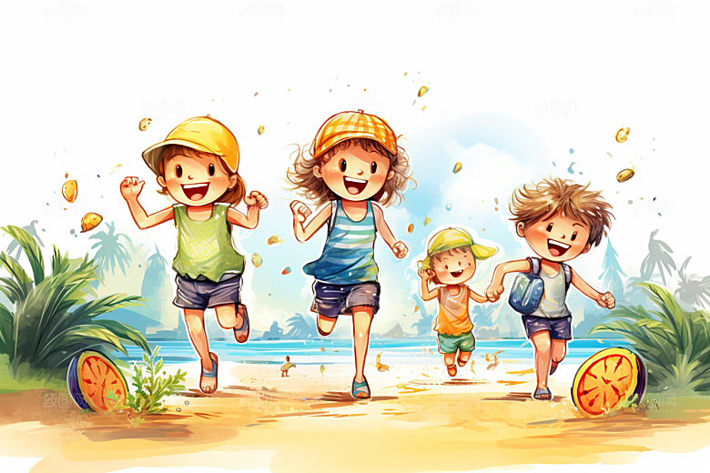 学生放暑假放假了旅游插画