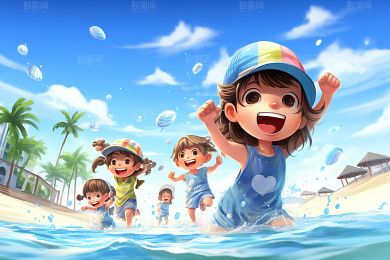 学生放暑假夏天结伴插画