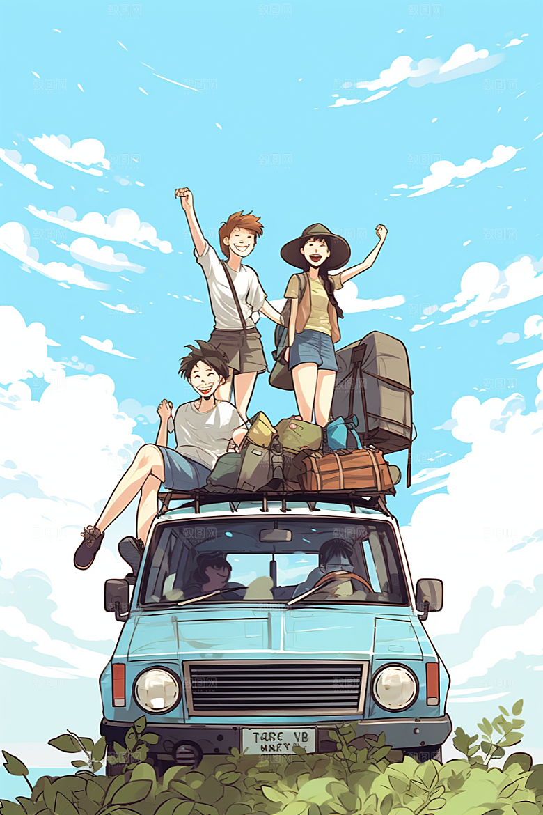 学生放暑假毕业旅游结业插画