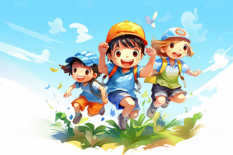 学生放暑假出游放假了插画