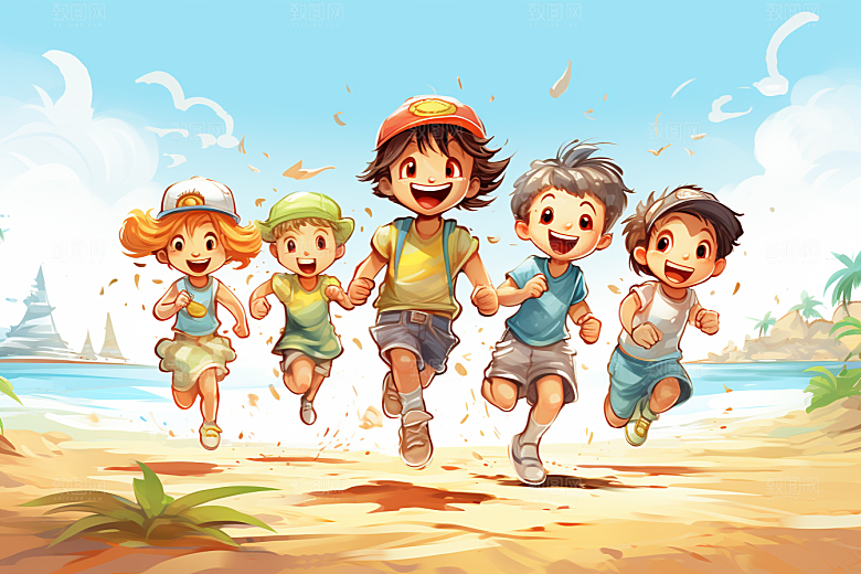 学生放暑假结伴快乐插画