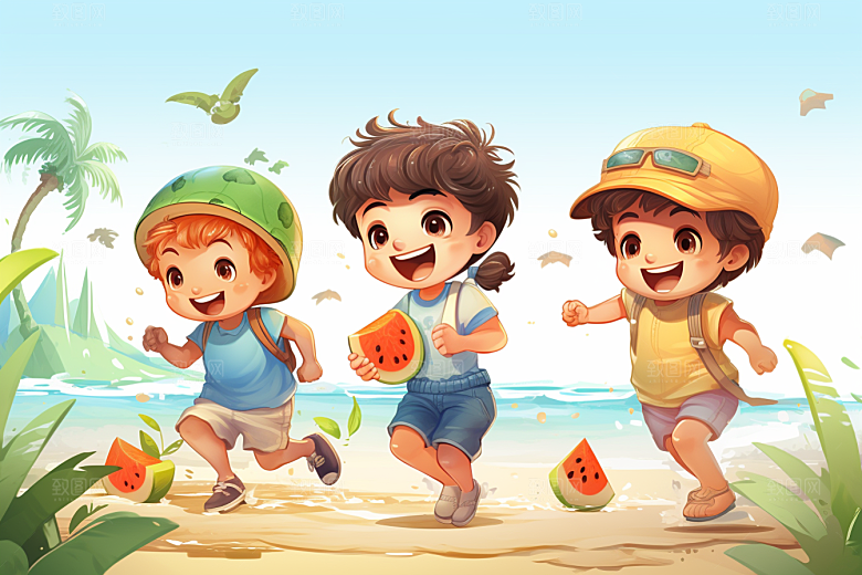 学生放暑假夏季结伴插画