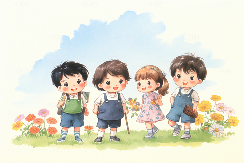 学生放暑假结伴旅游插画