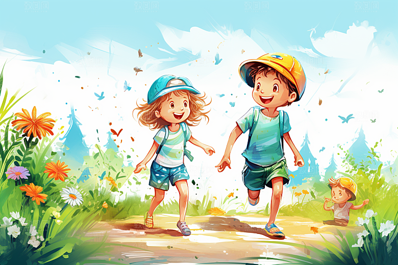 学生放暑假快乐旅游插画