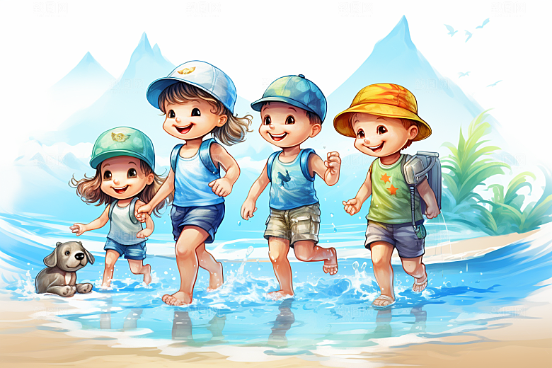 学生放暑假快乐旅游插画