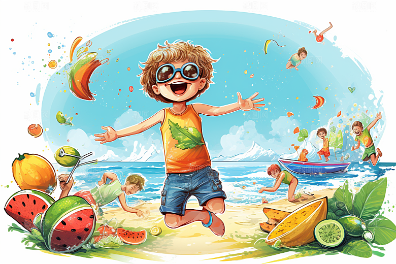 学生放暑假夏天结伴插画