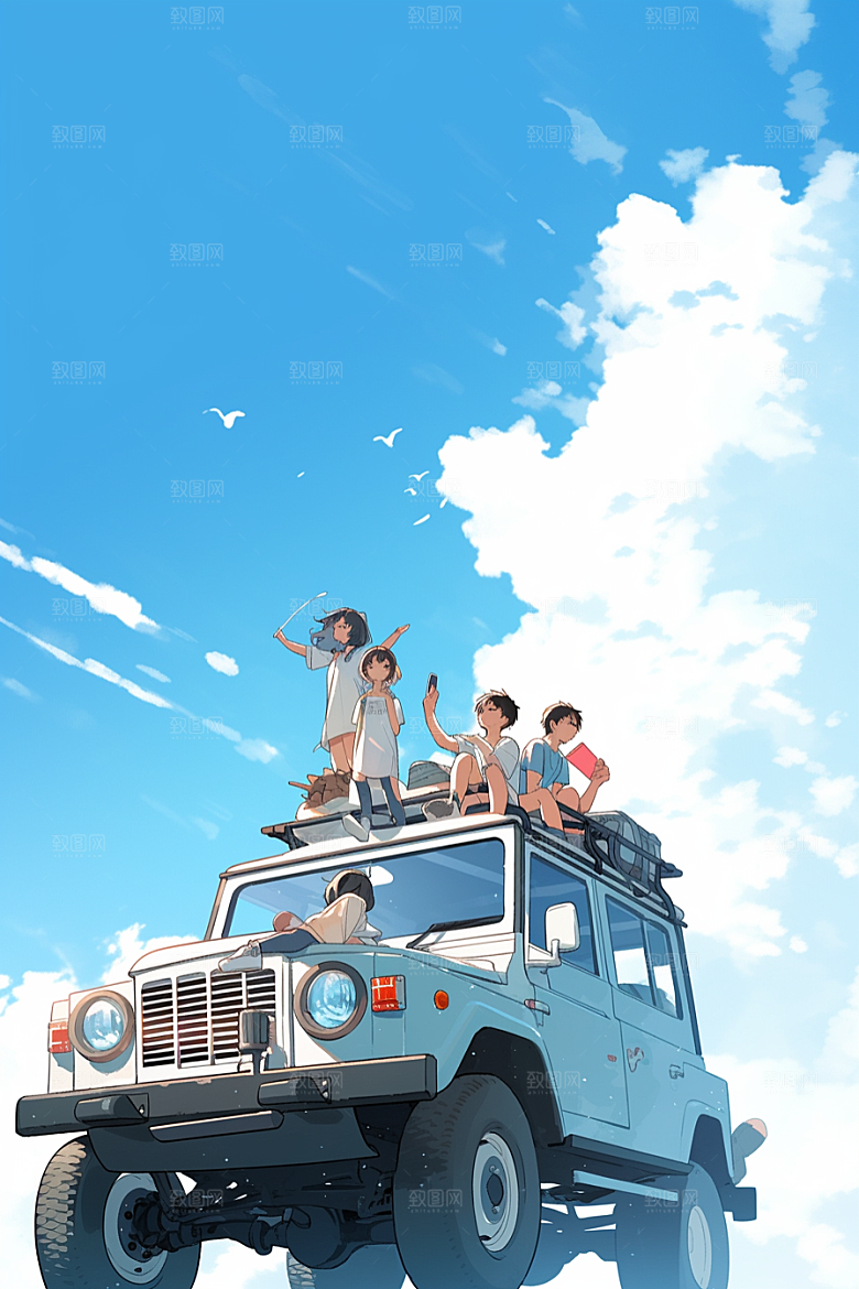 学生放暑假快乐结伴插画