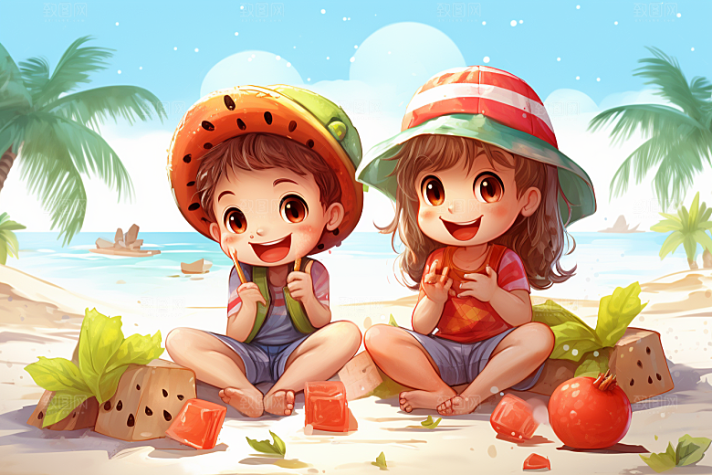 学生放暑假毕业旅游手绘插画
