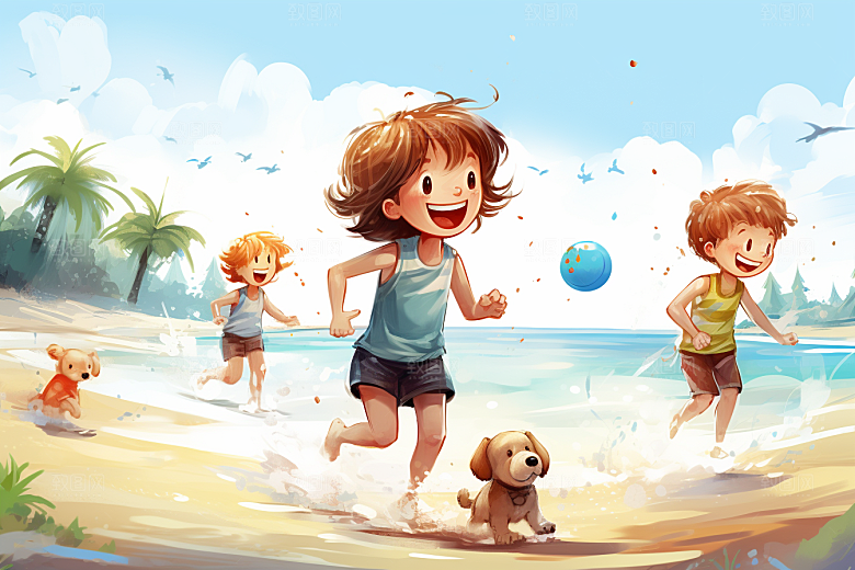学生放暑假结伴夏天插画