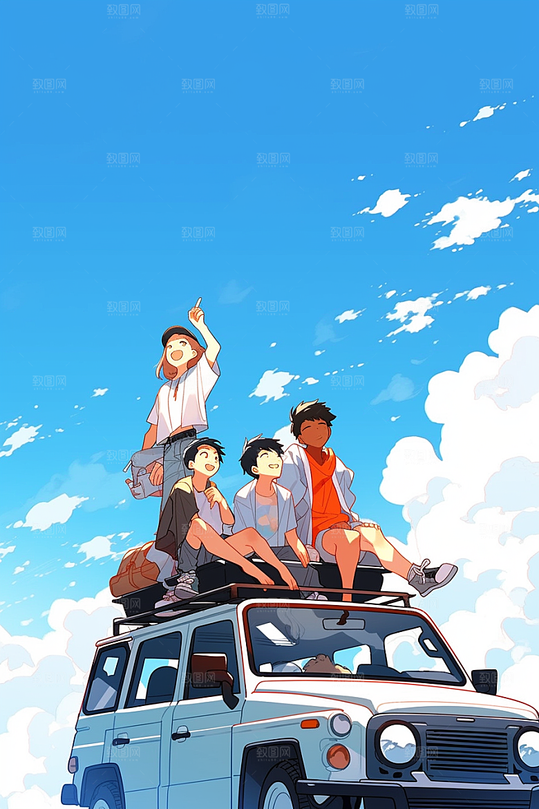 学生放暑假结伴结业插画