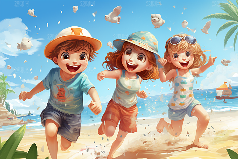 学生放暑假夏天毕业旅游插画