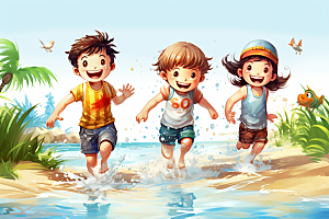 学生放暑假放假了出游插画