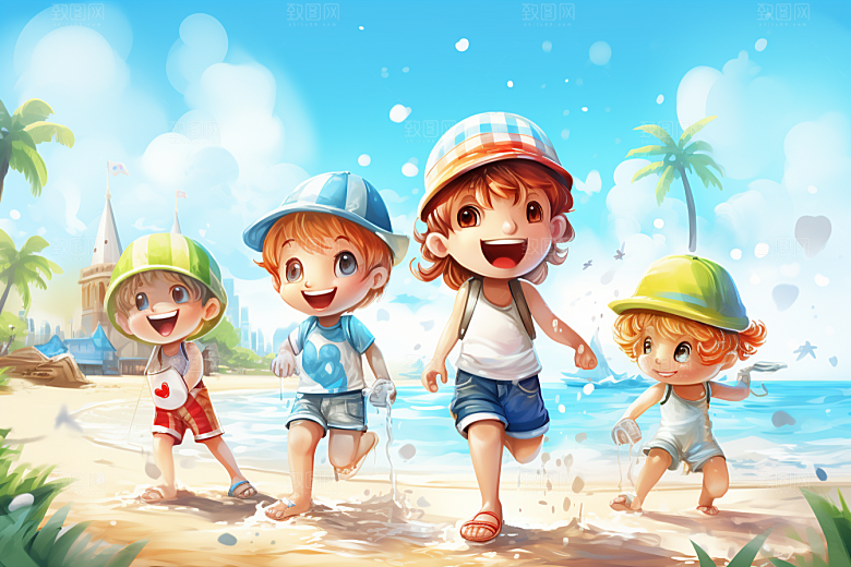 学生放暑假夏季结伴插画