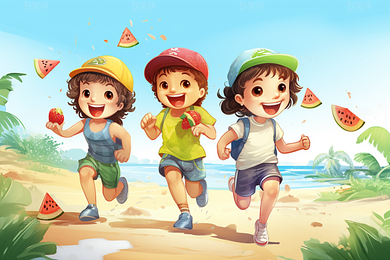 学生放暑假出游夏季插画