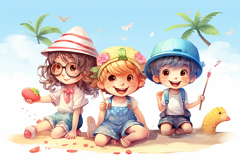 学生放暑假结业毕业旅游插画