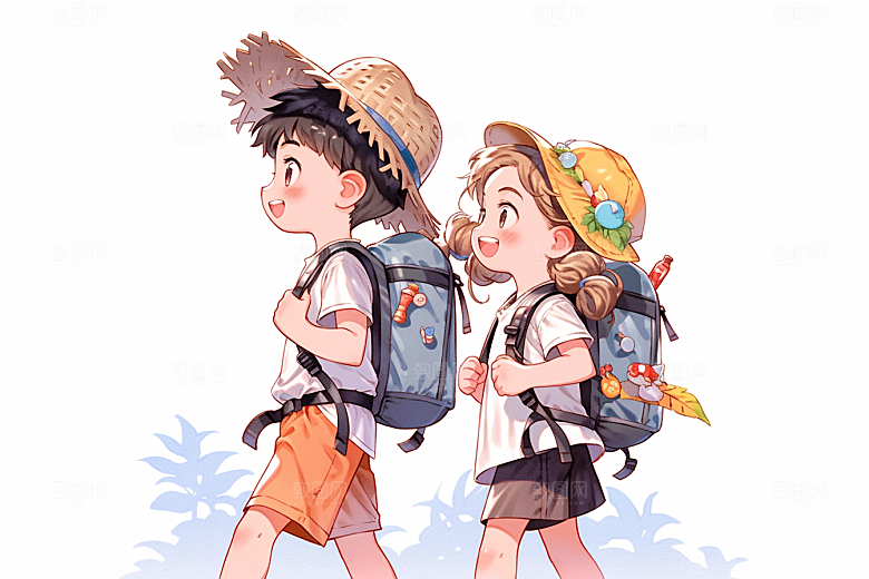学生放暑假放假了结伴插画