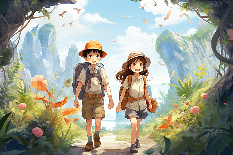 学生放暑假夏天出游插画