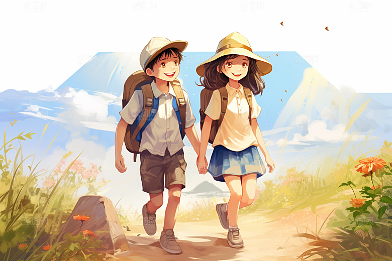 学生放暑假结伴毕业旅游插画