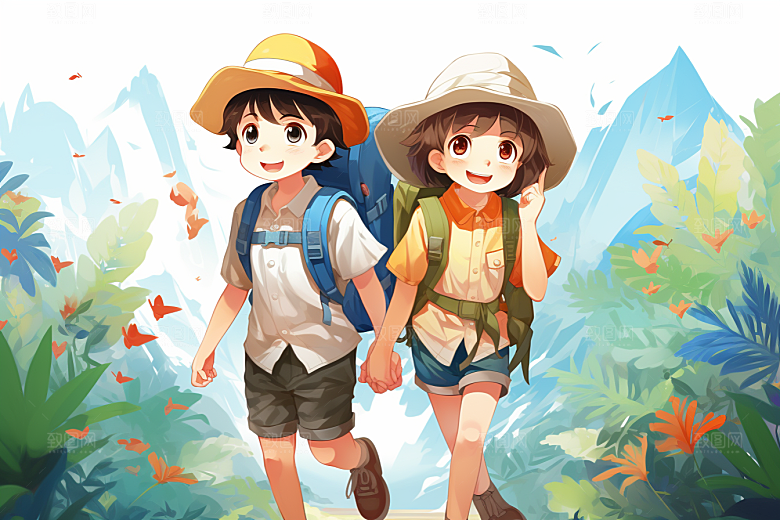 学生放暑假旅游结伴插画