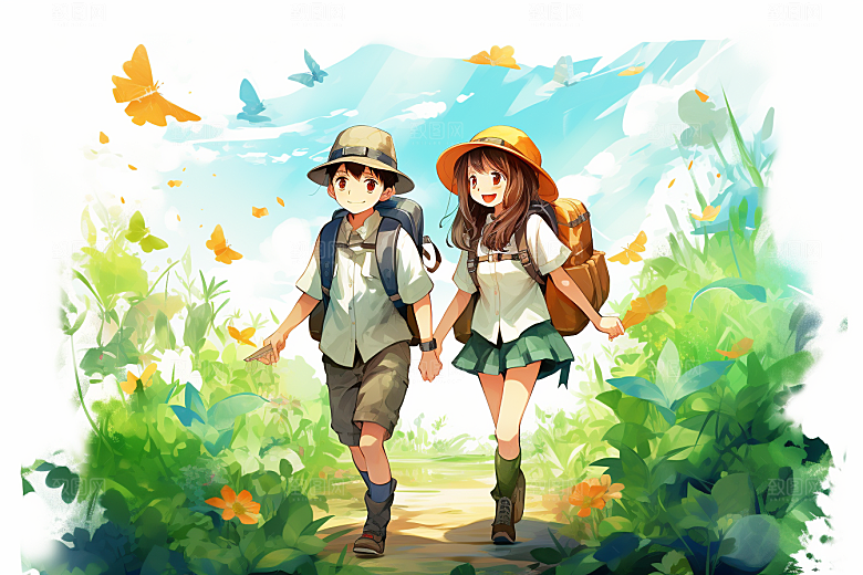 学生放暑假手绘出游插画