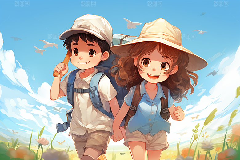 学生放暑假夏季出游插画