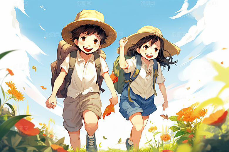 学生放暑假漫画风快乐插画