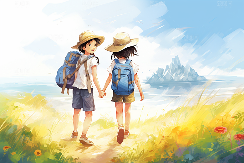 学生放暑假放假了手绘插画