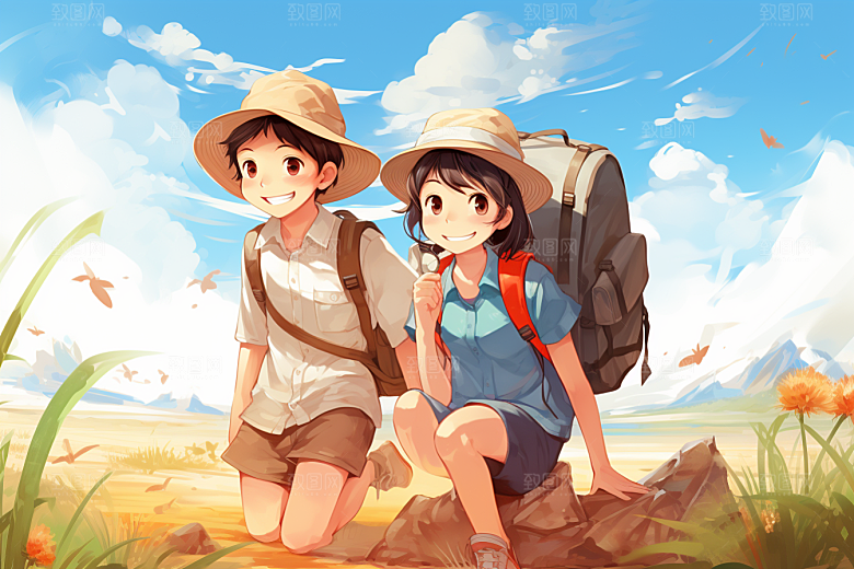 学生放暑假漫画风快乐插画