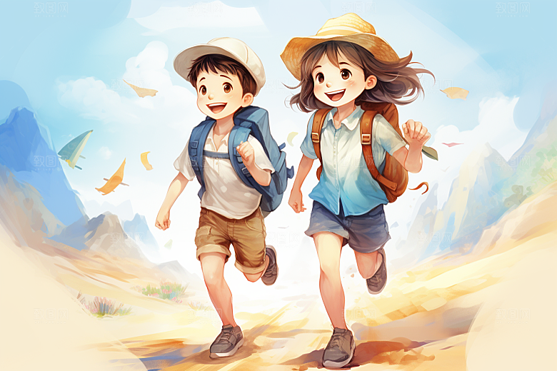 学生放暑假放假了结伴插画