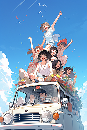 学生放暑假夏天结伴插画