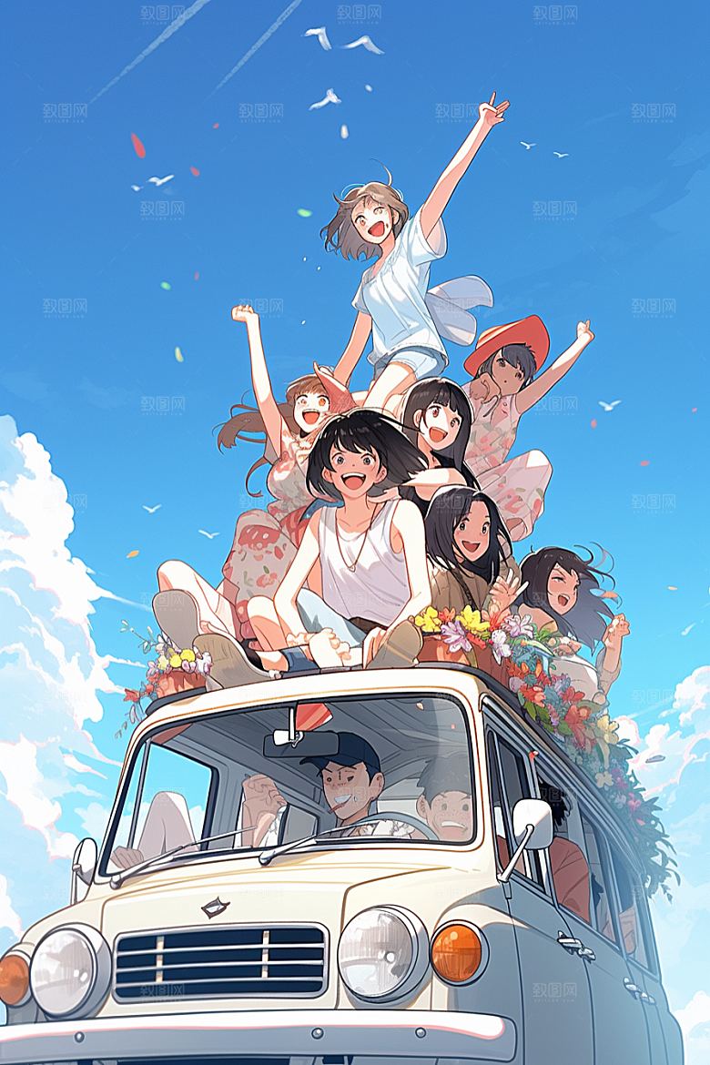学生放暑假夏天结伴插画