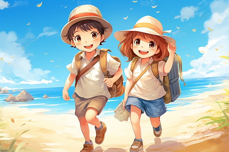 学生放暑假夏季旅游插画