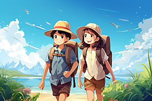 学生放暑假结业放假了插画