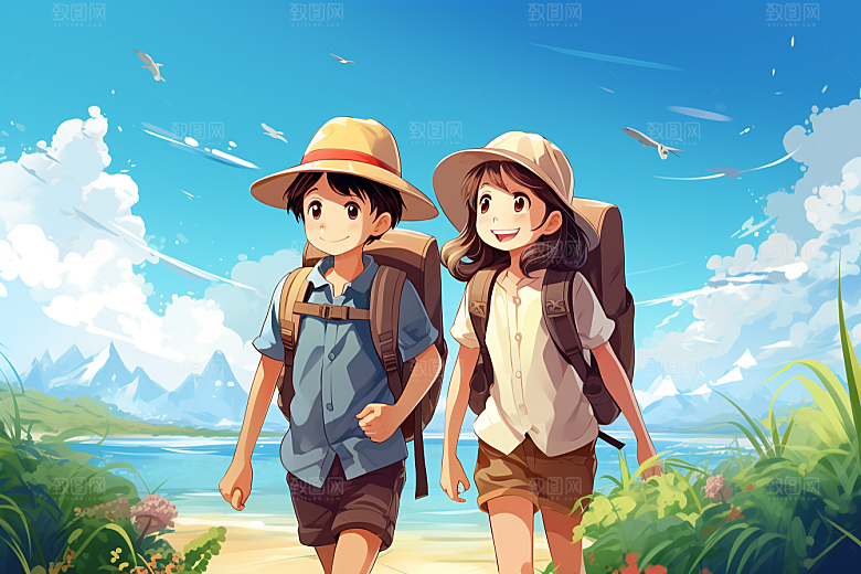 学生放暑假结业放假了插画